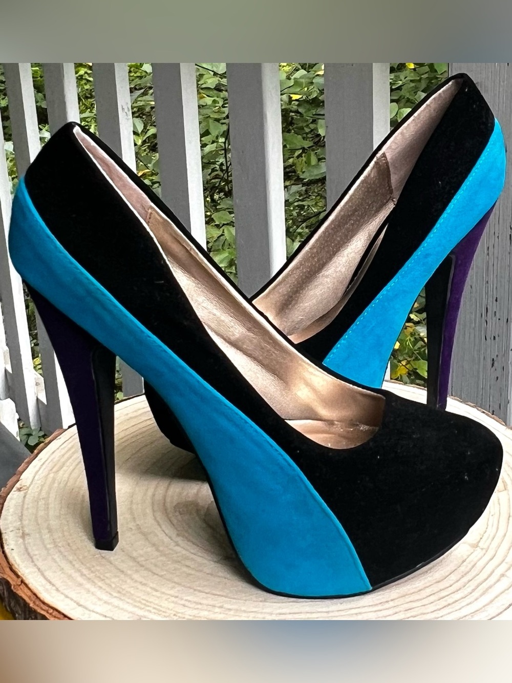 Qupid Faux Suede Colorblock Hidden Platform Pumps Stiletto Black Teal Purple 6